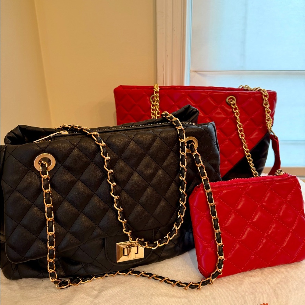 Quilted Chain Bag Bundle | Black Shoulder Bag + Red Tote & Pouch- Gold Chain - Picture 4 of 5